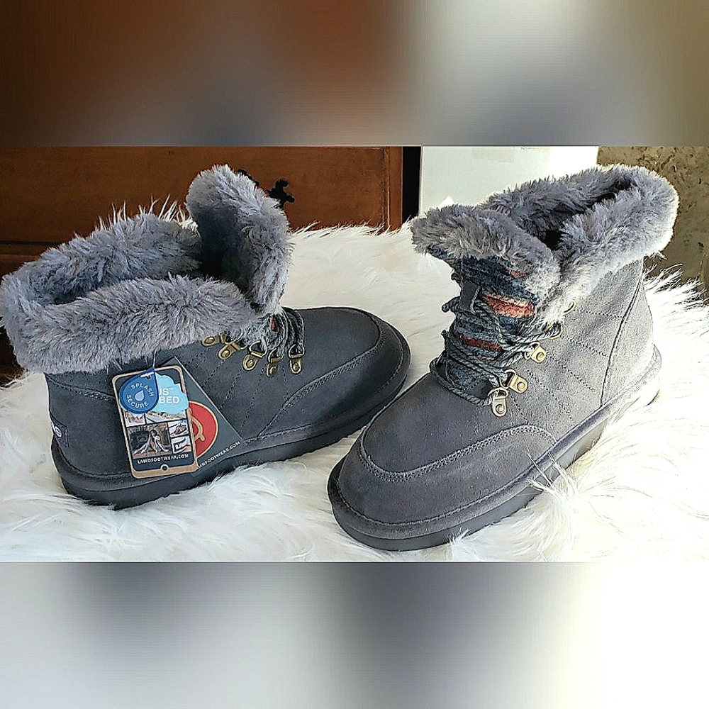Lamo Winter Suede Boots Gray Splash Proof Size 7 Comfort Foot Faux Fur NIB - Picture 2 of 13